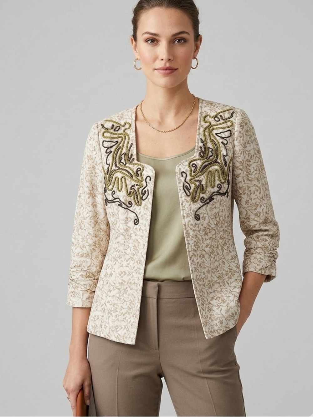 Vtg COLDWATER CREEK Y2K Embroidered Open Front Jacket Cardigan Tan Gold Womens 8